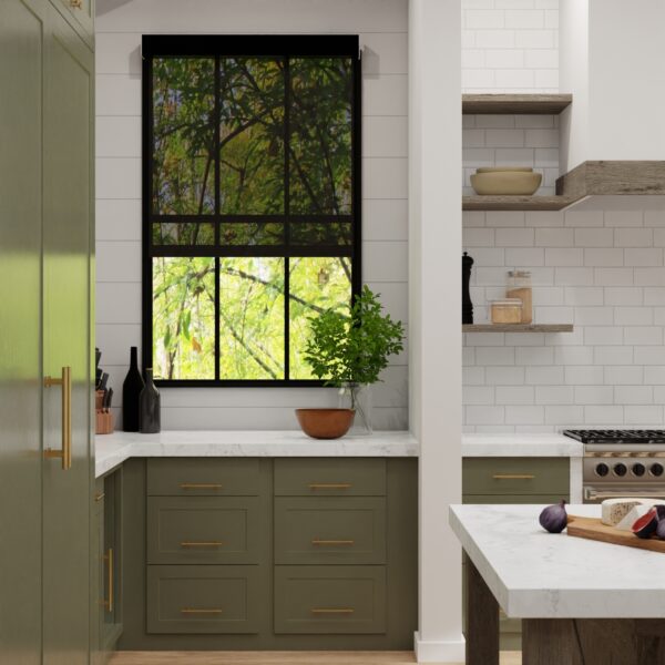Black solar screen shade in a kitchen