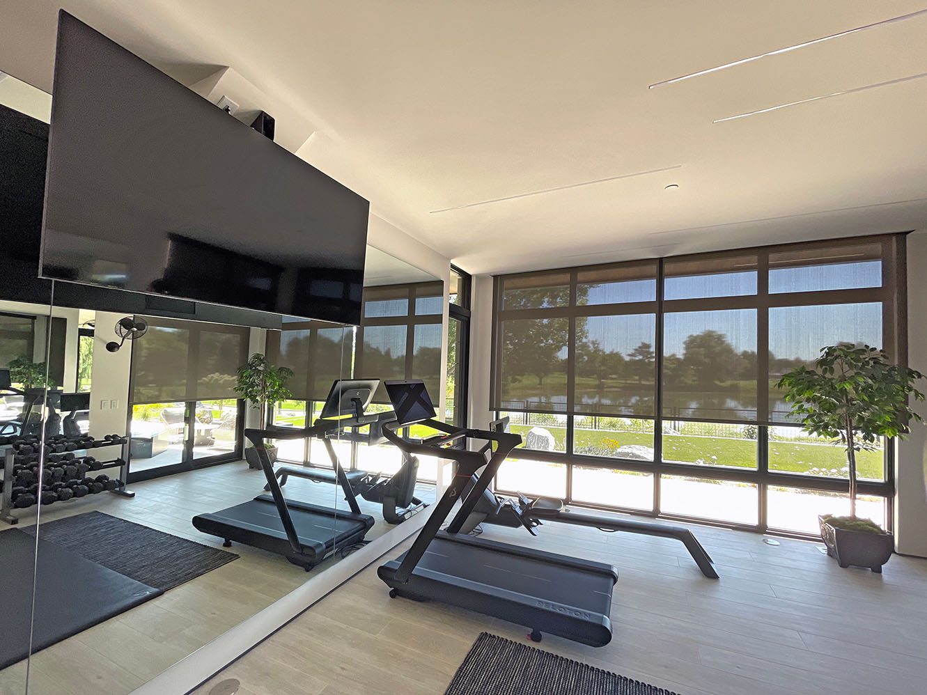 home gym with brown solar screen roller shades