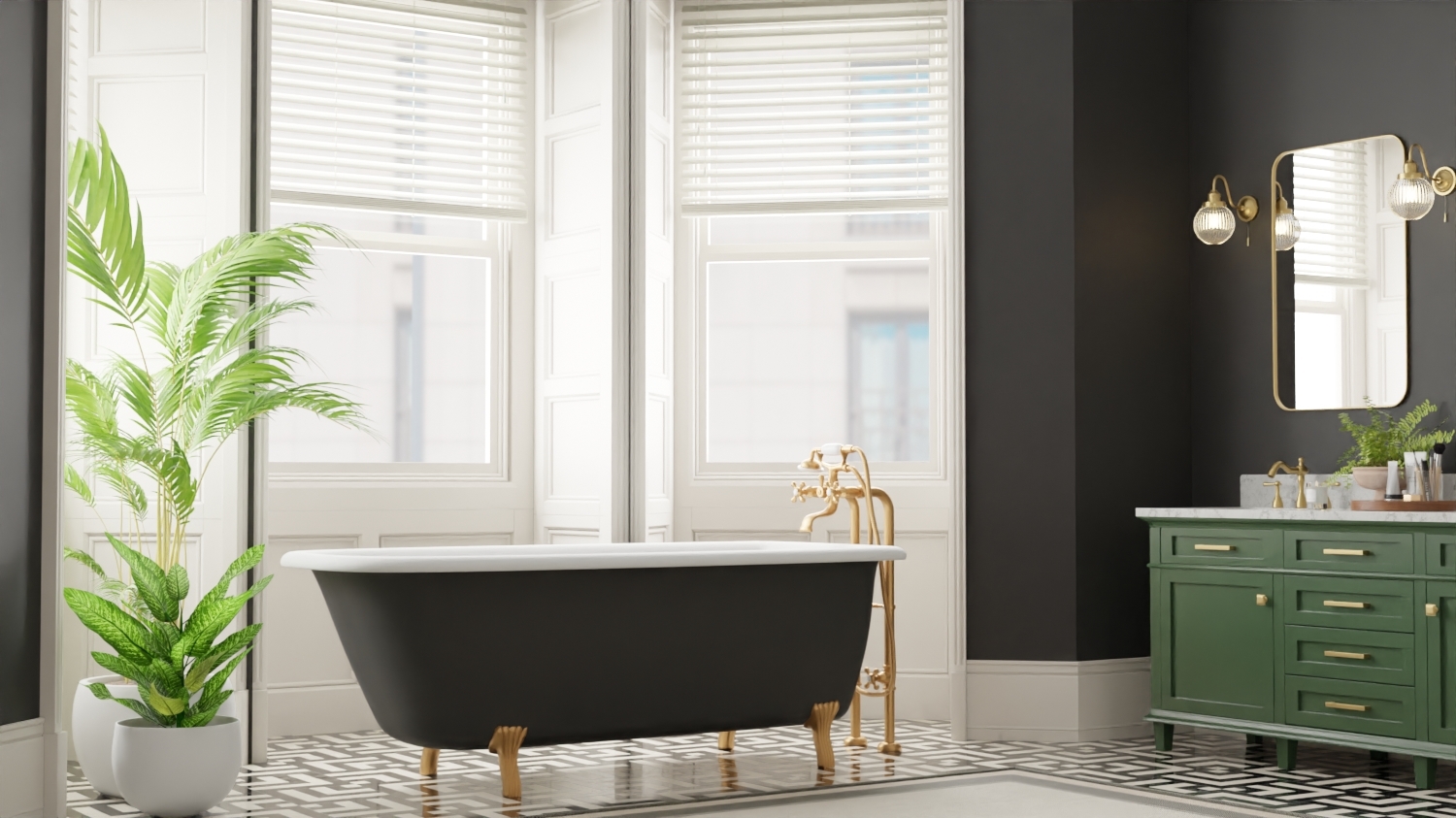 art deco bathroom faux wood blinds