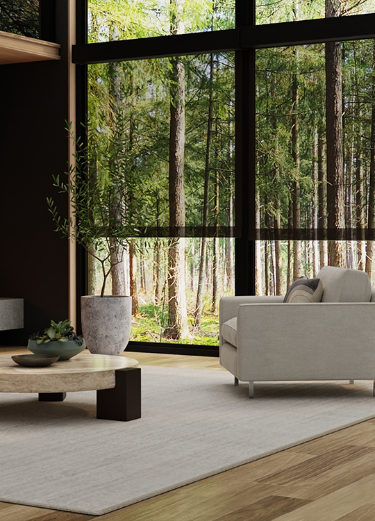 custom solar screen shades in modern living room. black solar fabric allows view through shade