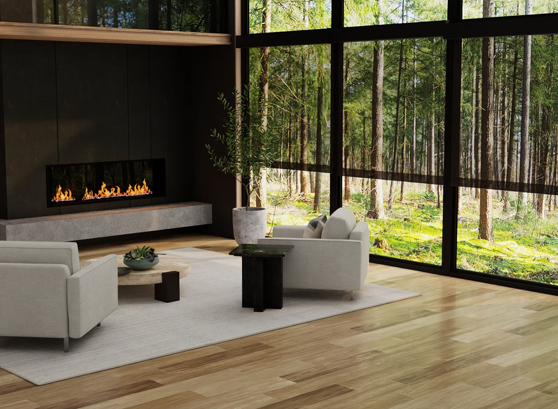 custom roller shades. solar screen shades with in a modern living room. black solar fabric allows you to view through shade