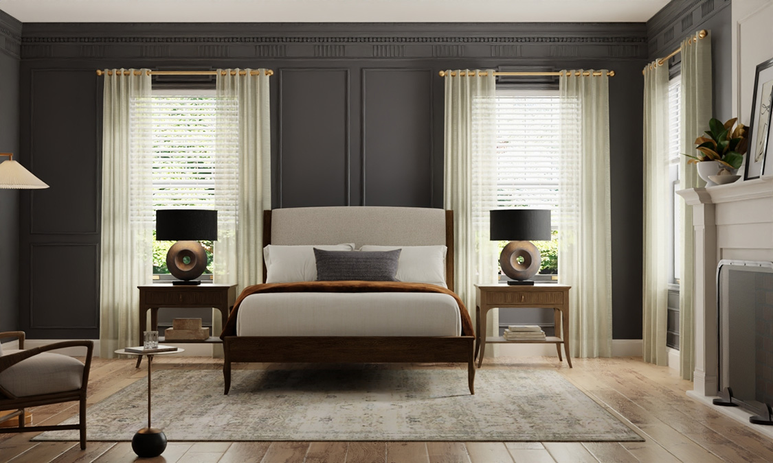 white faux wood blind in bedroom layered with curtains. traditional modern style with charcoal walls