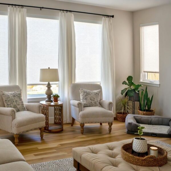 living room with white light filtering roller shades and white fascia